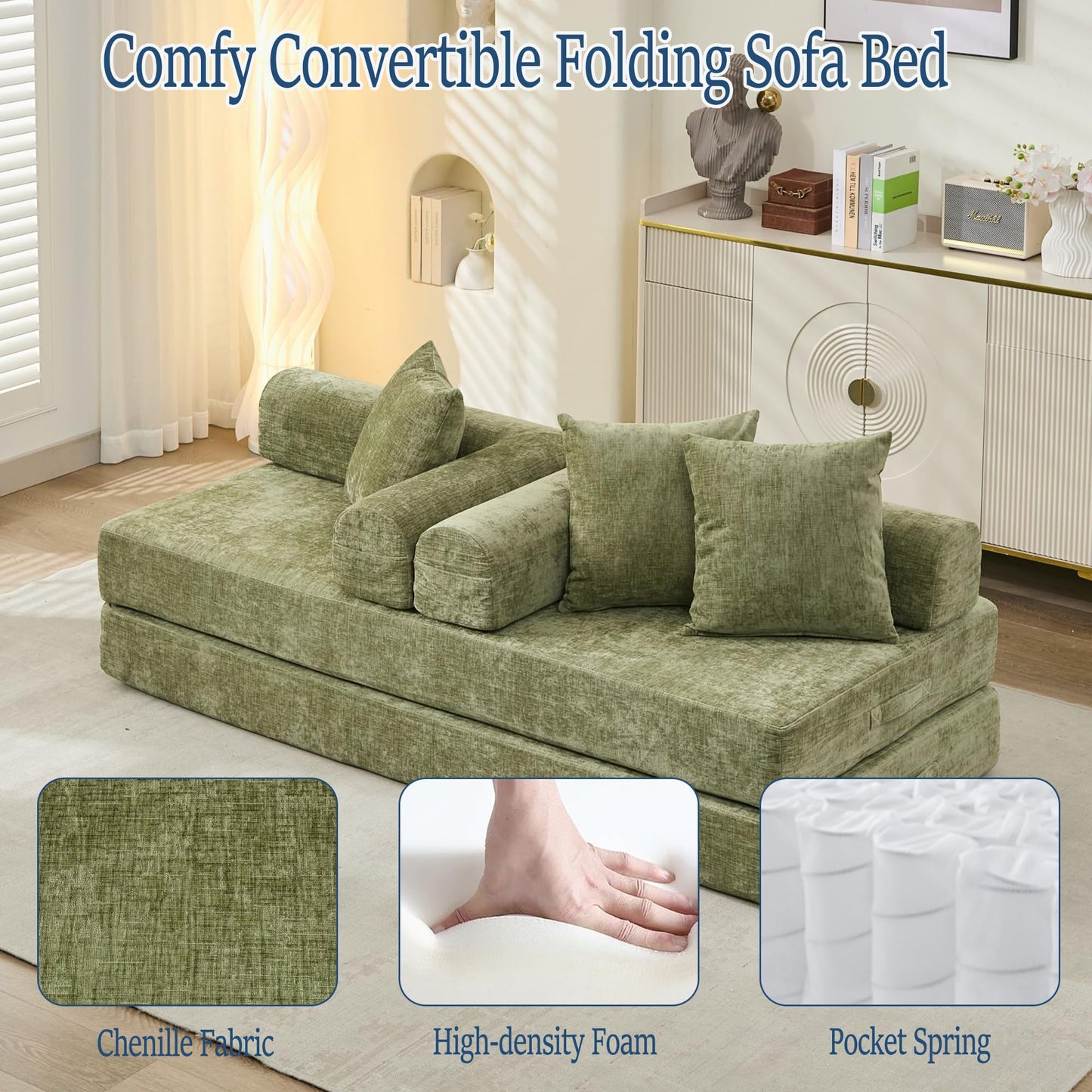 TISIMO Convertible Folding Sofa Bed Modular Floor Couch, 78.8‘’ Cloud Sleeper Sofa with Removable Backrest, Chenille Foldable Mattress Couch, Lazy Loveseat for Small Space, Apartment, Bedroom, Green