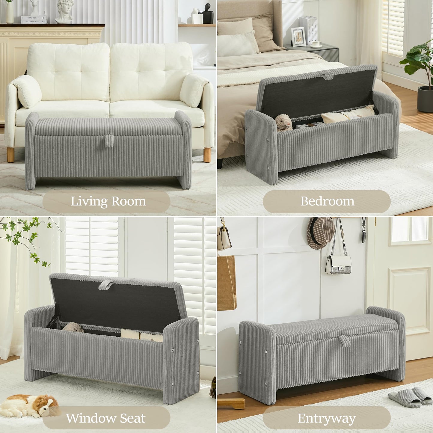 WUTUTUEE 44'' Corduroy Storage Ottoman Bench, Upholstered End of Bed Storage Bench with Safety Hinge, Linear Bed Bench for Bedroom, Living Room, Entryway, Grey