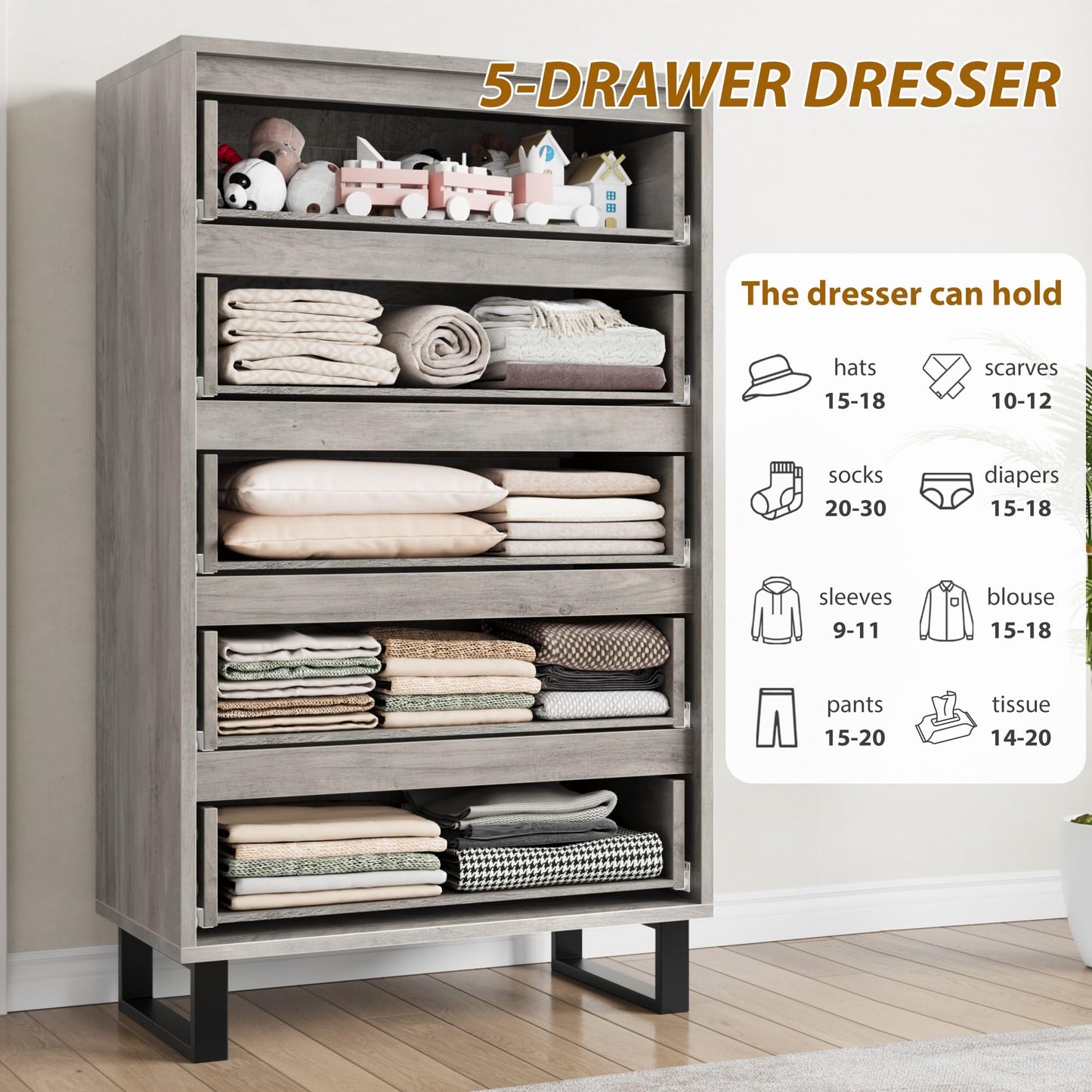 GarveeHome 5 Dresser for Bedroom, 50" Tall Dresser, Freestanding Vertical Drawer with Storage, Wooden Closet Chest Storage for Living Room, Hallway, Entryway, White