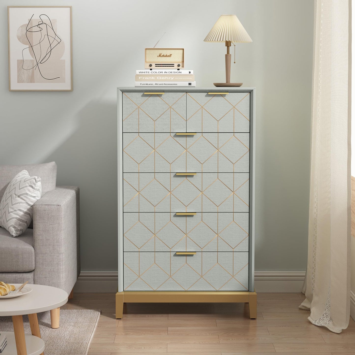 HLR 6 Drawer Dresser for Bedroom,Modern Wood Chest of Drawers with Gold Trim, Green Tall Dresser Storage Tower, Large Capacity Organizer Unit for Closet, Living Room, Hallway, Entryway