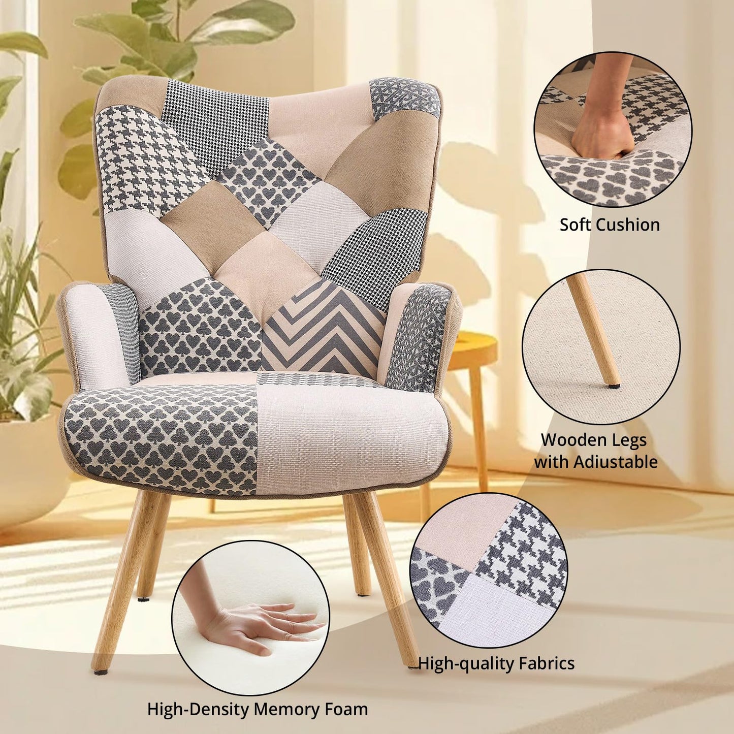 Joysoul Living Room Accent Chair Modern High Back Arm Chair, Grey Plaid Chairs for Bedroom Waiting Room