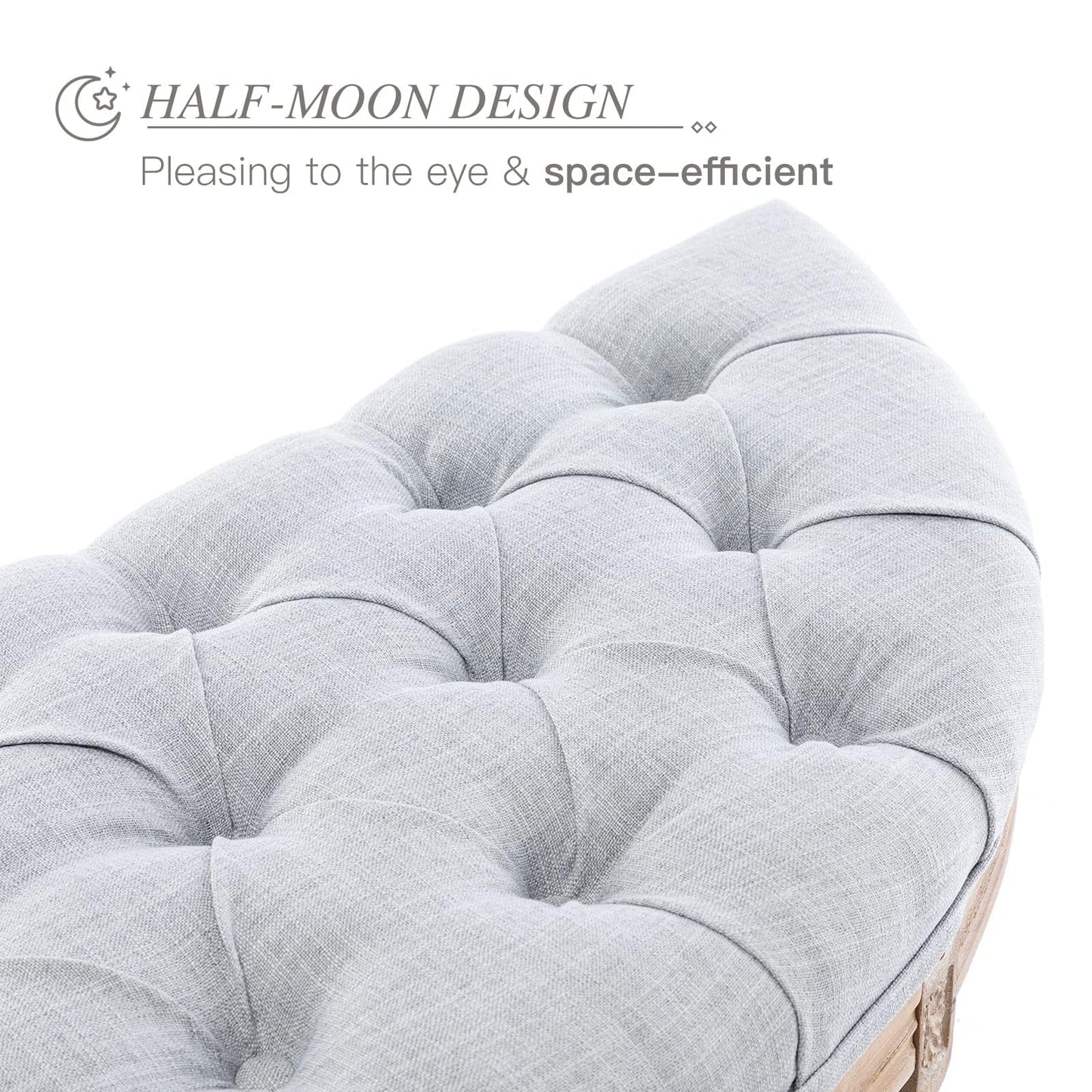 LZAREAL 55" End of Bed Bench Vintage Half Moon Upholstered Fabric Semi-Circle Entryway Bench with Padded Seat & Rubberwood Legs, Tufted Dining Bench for Dining Room Bedroom Living Room Hallway, Grey