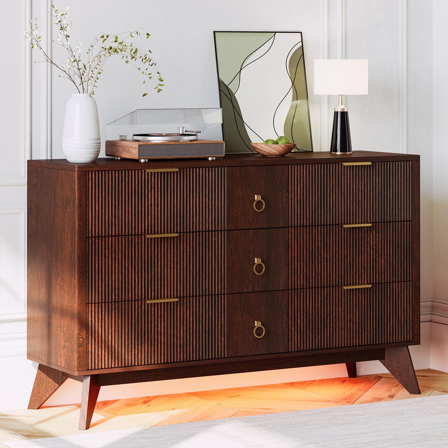 LIKIMIO Dresser for Bedroom 9 Drawers with LED Light, 55" Wide Fluted Chest of Drawers, Wood Closet Organizer, TV Stand for Living Room, Walnut