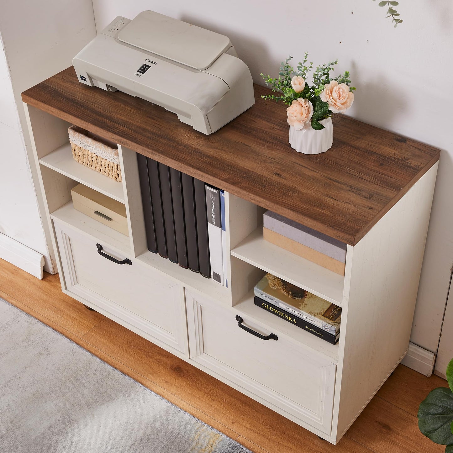 boknight 40" Lateral File Cabinet,Farmhouse Wood Small Home Office Storage with Wheels,Filing Cabinet with 2 Drawers for Legal/Letter/ A4 Size