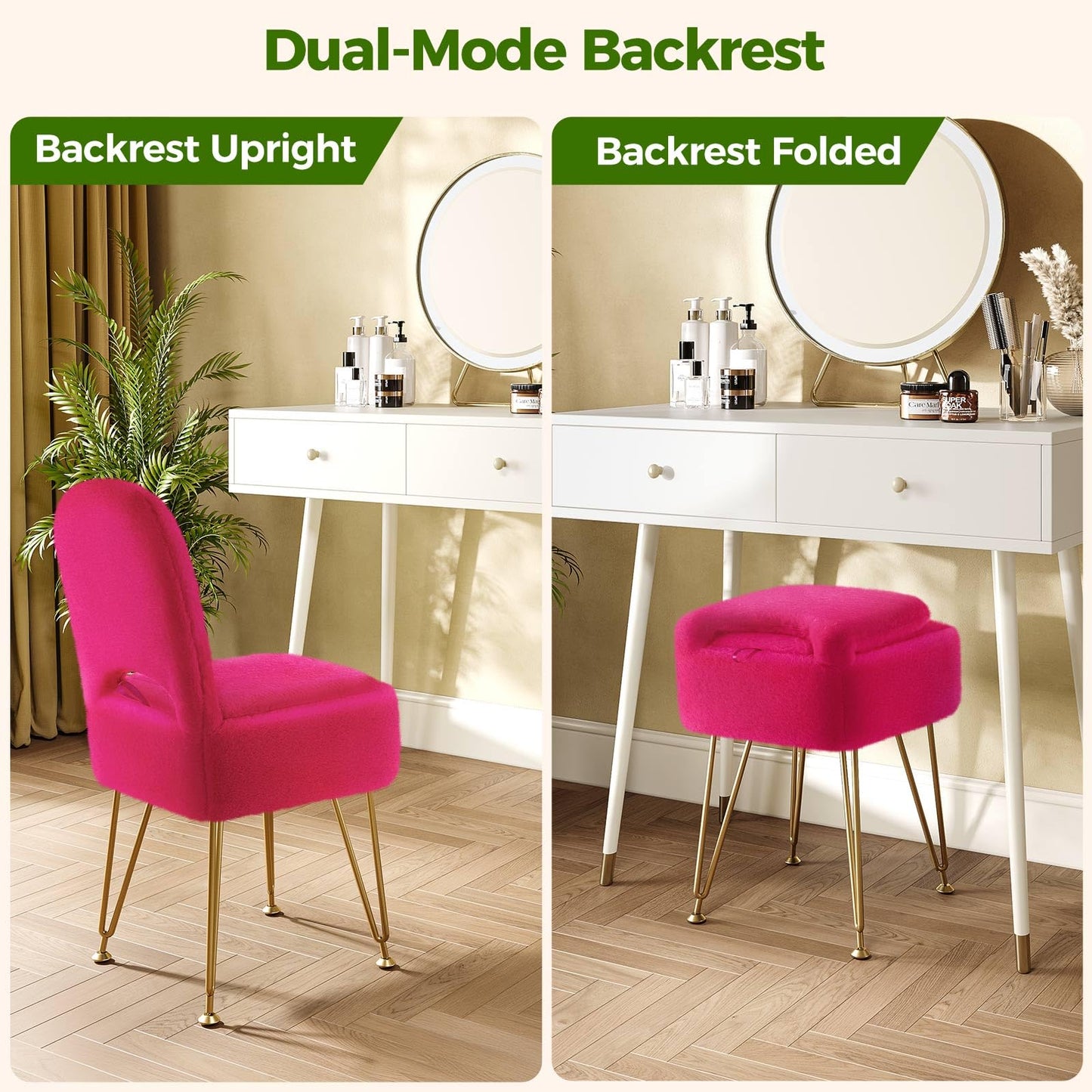 GREENSTELL Vanity Stool Chair with Storage and Folding Back, 13.4" x 15" x 30" Square Faux Fur Soft Ottoman, 4 Metal Legs with Anti-Slip Feet, Furry Padded Seat for Makeup, Bedroom, Rose