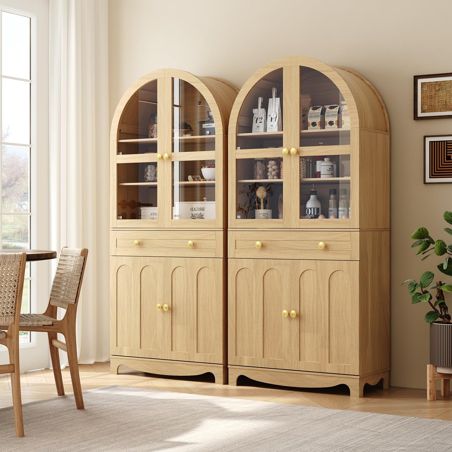 HOOBRO Arched Kitchen Pantry Cabinet, 71" Tall Pantry Cabinet with Drawer, Glass Door and Adjustable Shelves, Farmhouse Kitchen Storage Cabinet, for Living Room, Dining Room, Natural NL63PC01