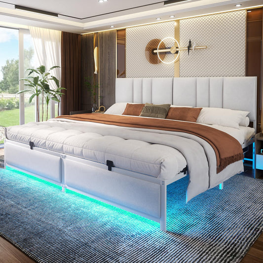 Cyclysio King Metal Bed Frame with Headboard, King Size Bed Frame with Charging Station and LED Lights, Height Adjustable PU Leather Headboard, Strong Metal Slats Support, No Box Spring Needed, White