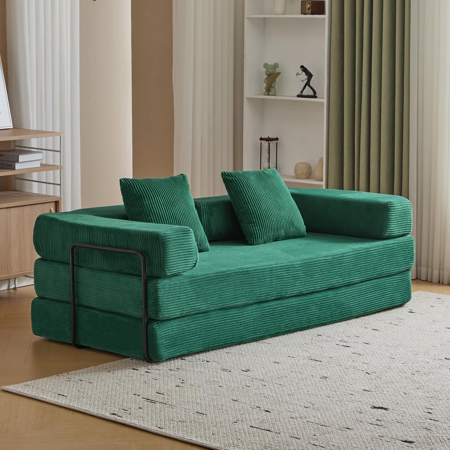 ETCZOYE Folding Sofa Bed, Modular Sectional Cloud Couch, Convertible Sleeper Sofa Bed with Pillow Back Support Armrest for Living Room Bedroom Lounge, No Assembly Required, Corduroy (Dark Green)