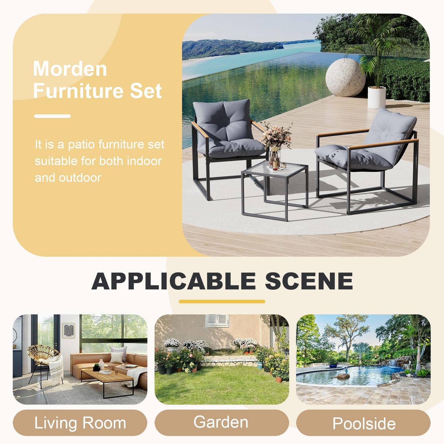DIMOFAP 3 Piece Patio Furniture Set, Outdoor Porch Chairs Set of 2, Balcony Furniture for Apartment with Chairs & Table, Included Thick Comfy Cushions, Perfect for Porch, Balcony, Deck