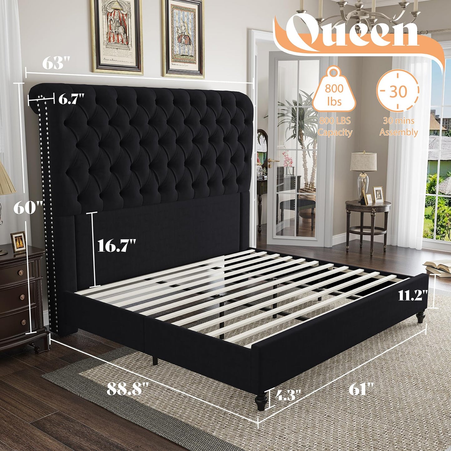AMERLIFE Queen Size Bed Frame with 60" Tall Wingback Headboard, Velvet Upholstered Platform, Button Tufted Sleigh Design, No Box Spring Needed,Black