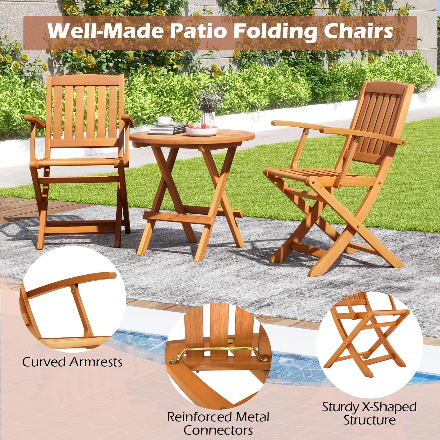 Tangkula Patio Wood Folding Chair Set of 4, Outdoor Eucalyptus Wood Dining Chairs w/Armrests & Slatted Seat, for Backyard, Porch, Poolside, Lawn, Garden, Load up to 400 LBS (2, Natural)
