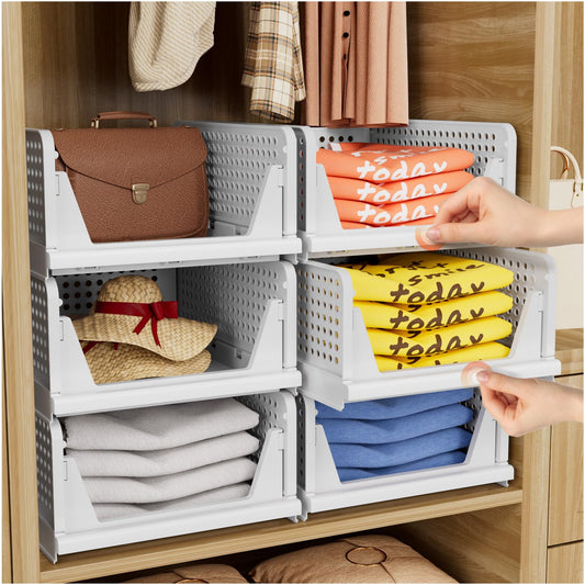 CTSNSLH 5 Pack Folding Closet Organizers Storage Box, Stackable Storage Bins, Plastic Drawer Basket Closet Storage for Wardrobe Cupboard Kitchen Bathroom Office White-5L