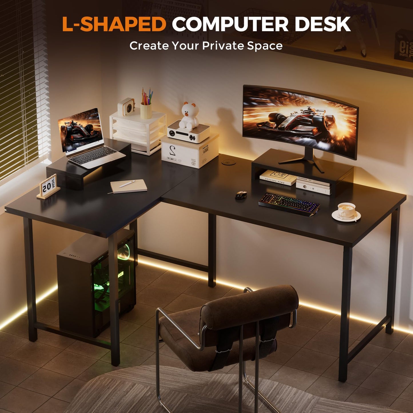 GTRACING L Shaped Gaming Desk 57", Reversible Computer Desk Compatible with Monitor Arm Corner Desk Gaming Table for Home Office Desks Easy to Assemble Ergonomic Corner Table with Durable Steel Frame