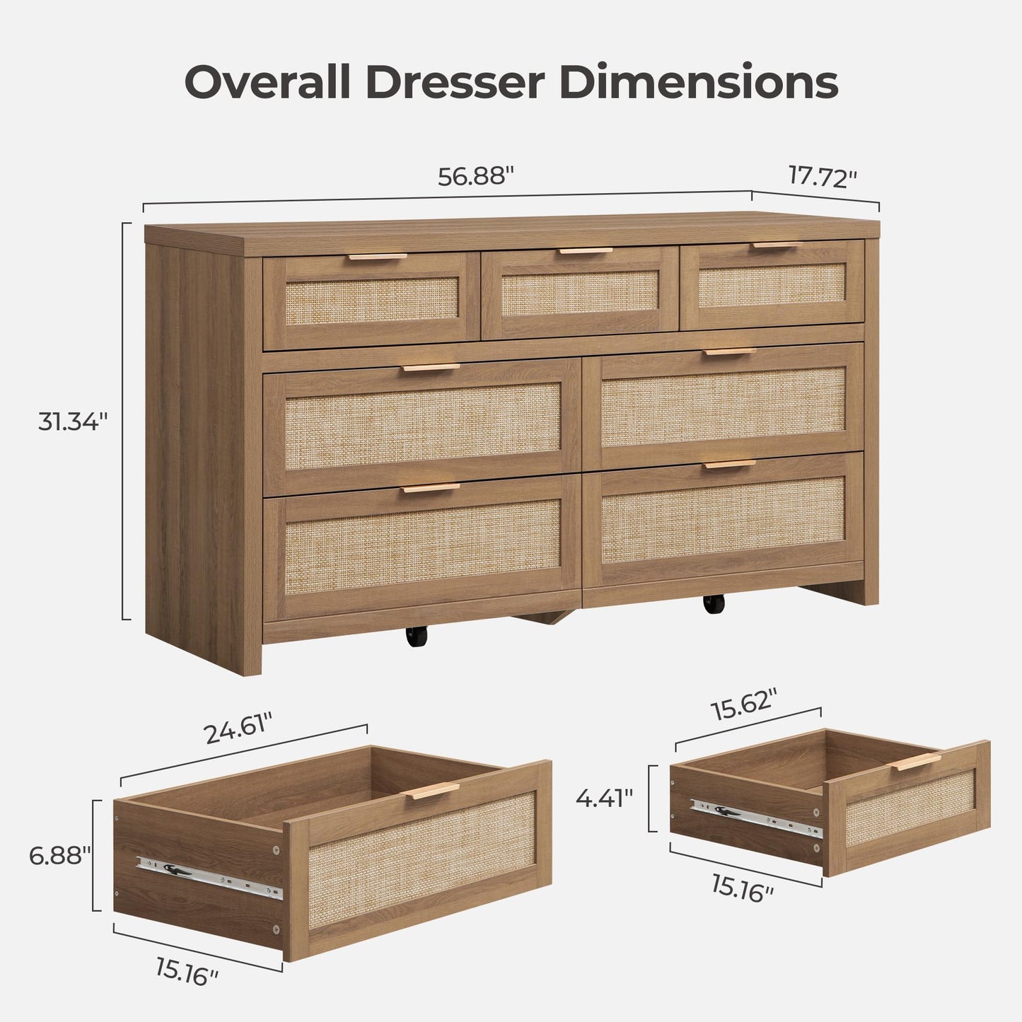 SICOTAS 7 Drawer Dresser for Bedroom, 57" Wide Rattan Dressers for Nursery, Living Room TV Stand, Boho Closet Organizer Chests of Drawer (Reclaimed Caramel Oak, 7 Drawers (1 pc))
