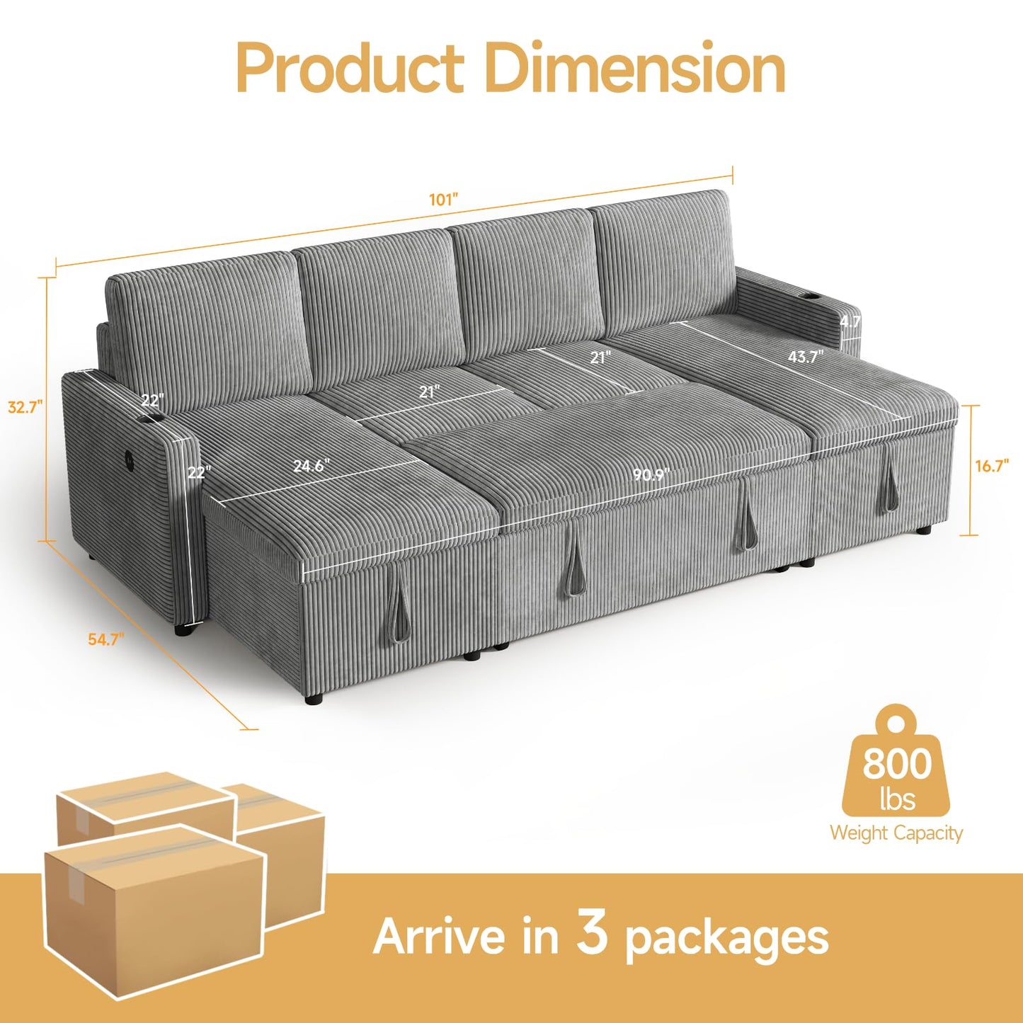 ONBRILL Sleeper Sofa with Pull Out Couch Bed,U Shaped Convertible Modular Sectional Couch with Double Storage Chaise,Couches for Living Room,Corduroy,Grey