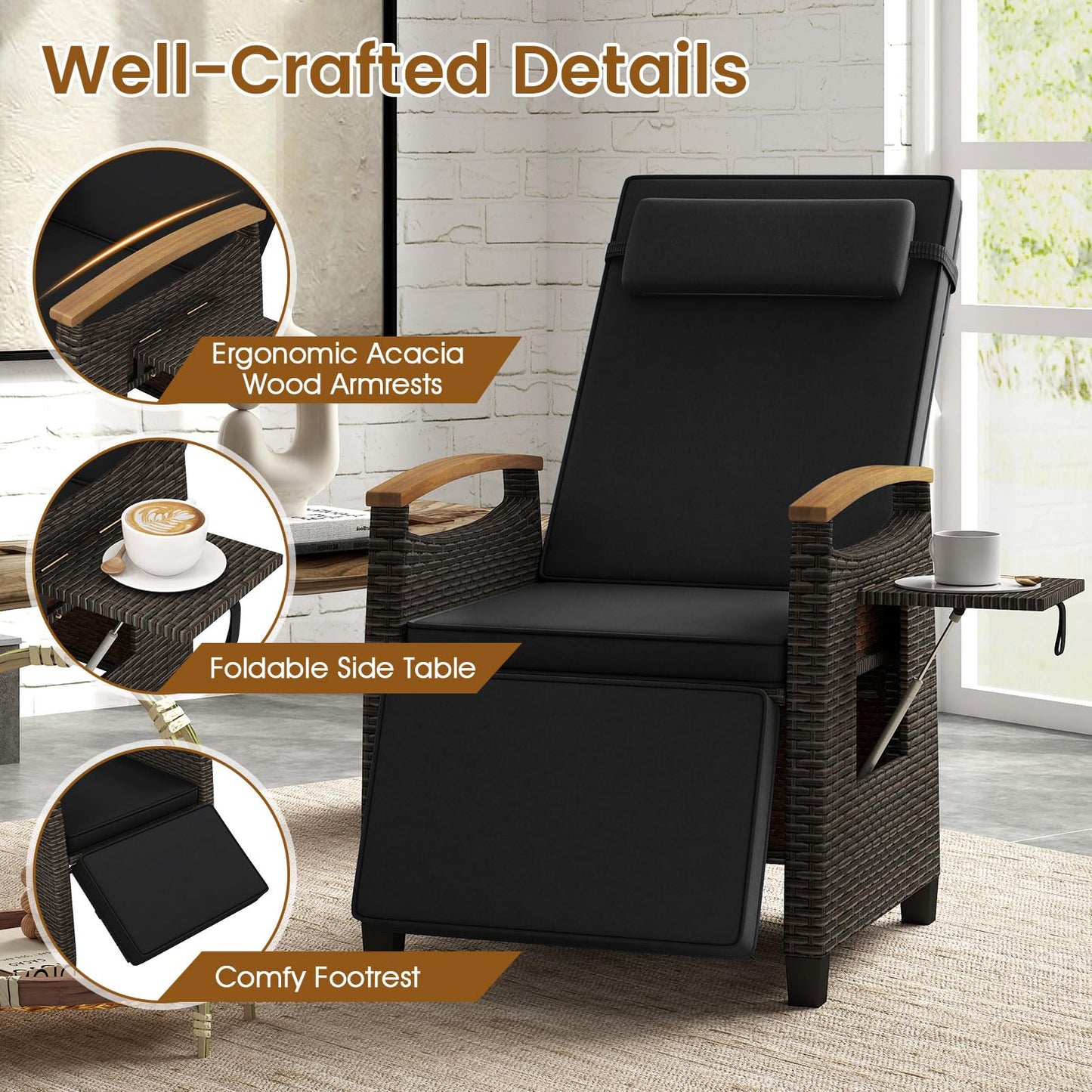 HAPPYGRILL Outdoor Rattan Wicker Chaise Lounge Recliner Chair with Adjustable Backrest & Footrest, Push Back Outside Seat w/Cushion & Flip Table for Backyard, Porch, Balcony (Black,1)