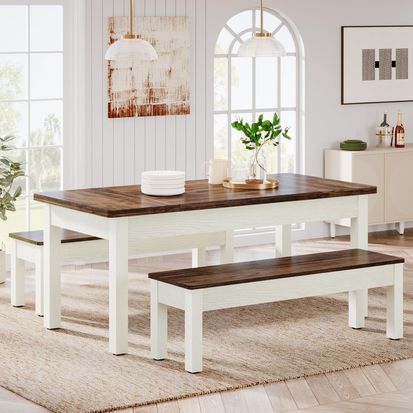 Tribesigns Farmhouse Kitchen Table Set for 4-6, 55-Inch Wooden Dining Table with 2 Benches, Space Saving 3 Pieces Heavy Duty Dinette for Dining Room, Kitchen, Small Space