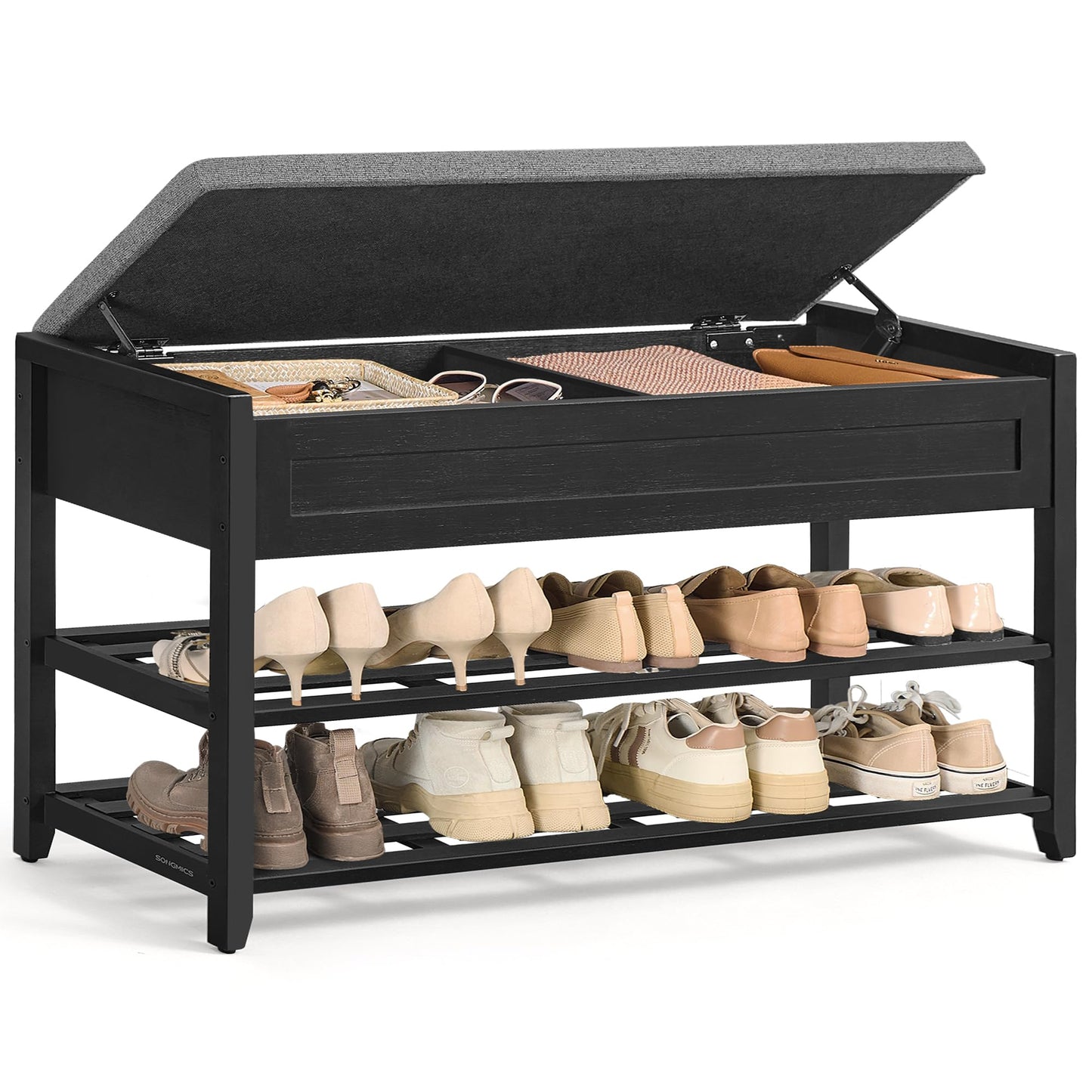SONGMICS Storage Bench, Bamboo Shoe Rack, Entryway Furniture, 39.4 Inches Wide, Hidden Storage Compartments, 2-Tier Shoe Shelves, for Entryway, Living Room, Bedroom, Dorm, Ink Black ULSB059B01
