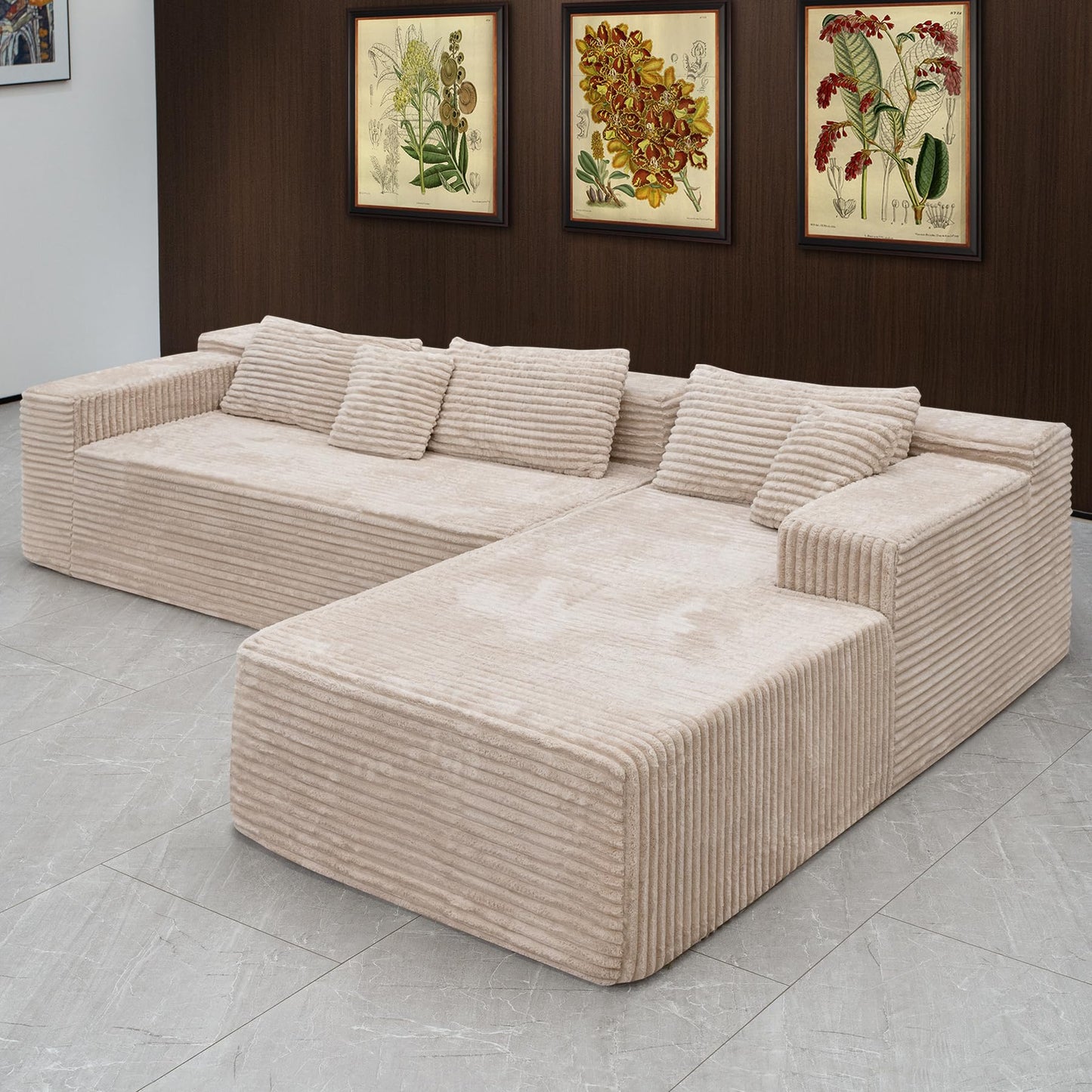 Sectional Couches for Living Room-Corduroy Couch Beige，104" Cloud Sectional Couch with L-Shape Chaise， Modern Modular Sofa, Deep Seat Comfort, No Assembly Required(Plush Corduroy Fabric)