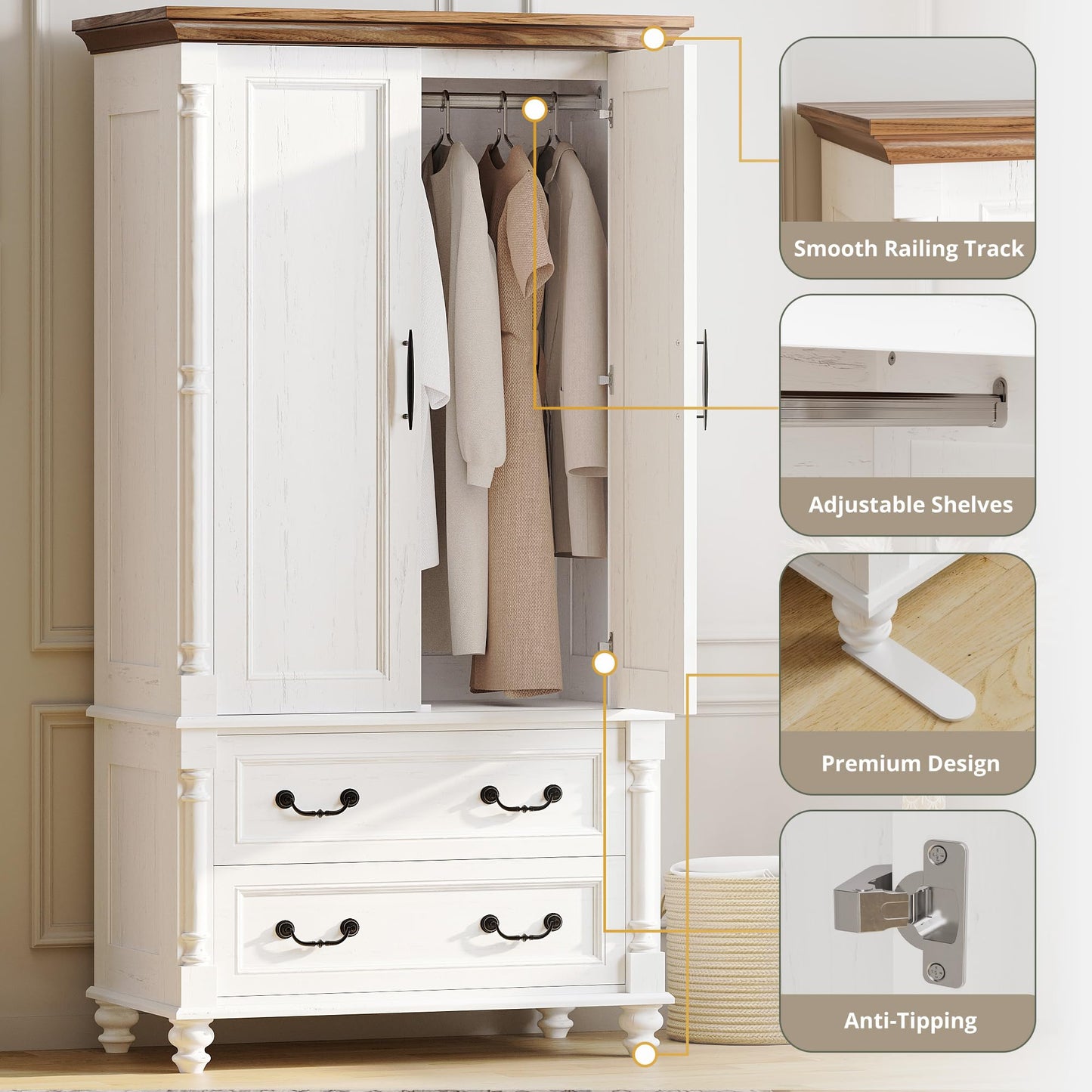 LIKIMIO Farmhouse Armoire Wardrobe Closet with 2 Doors and 2 Drawers, 70" H x 36" W, Large Bedroom Armoire with Roman Column and 3 Hanging Hooks, Wooden Freestanding Closet Cabinet, White