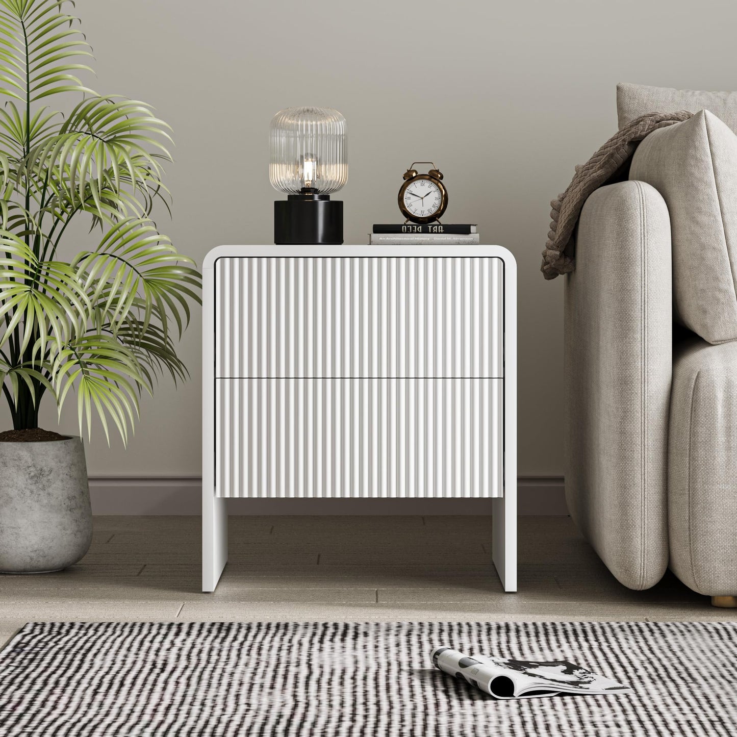 MAISONARIA 3-Piece Curved Dresser Bedroom Set, 6 Drawer Dresser & 2 Drawer Nightstands with Pop-up Design, Fluted Wood Chest of Drawers for Bedroom, Living Room, Entryway, White