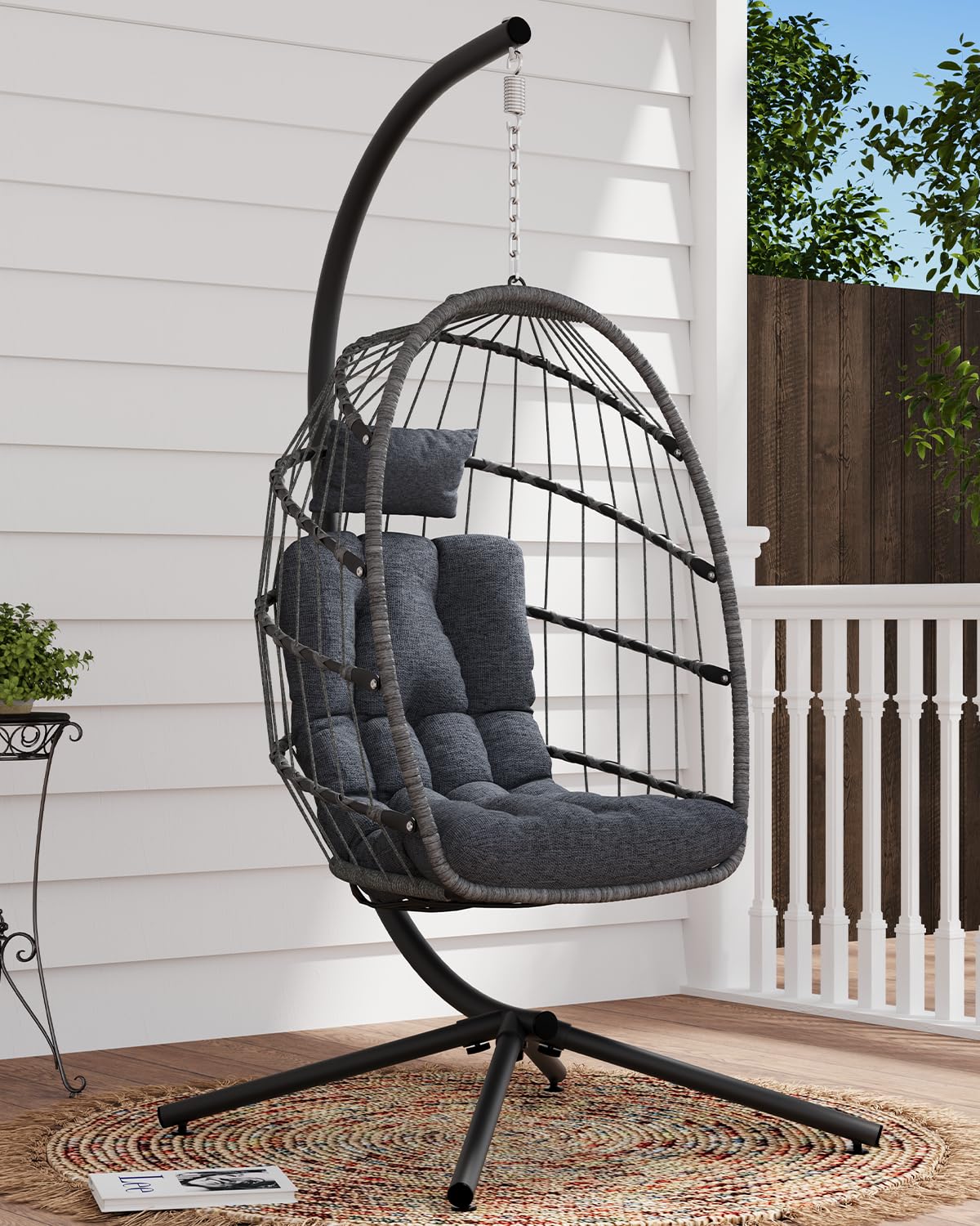 SWITTE Egg Chair Outdoor with Stand, Indoor Wicker Hanging Egg Swing Chair with Cushion, 350lbs Capacity for Patio, Bedroom, Garden - Gray