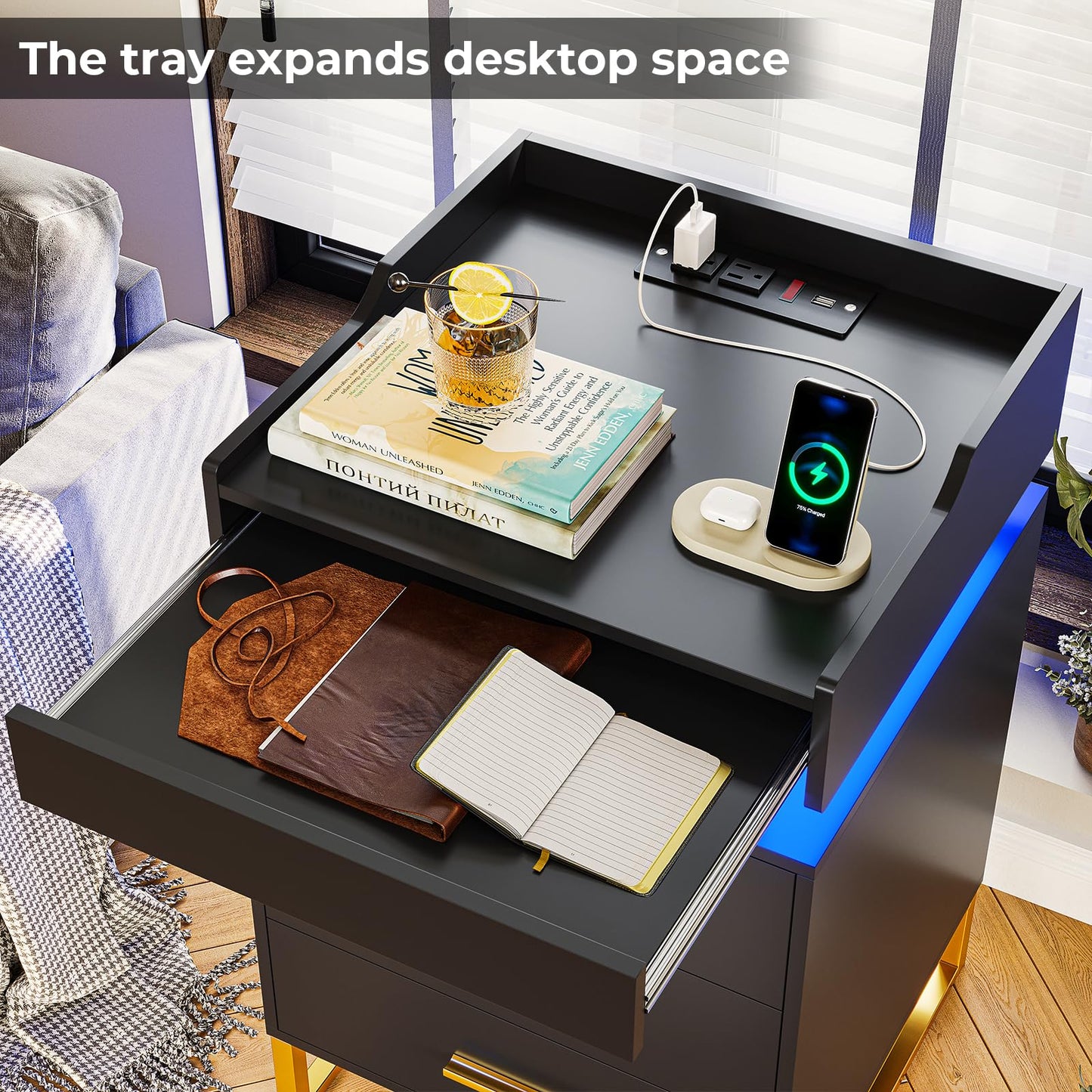 BTHFST LED Nightstand with Charging Station, Night Stand with 3 Drawers and 1 Pull-Out Tray, End Side Table with Storage, Bedside Table with LED Lights & Metal Legs, Black and Gold