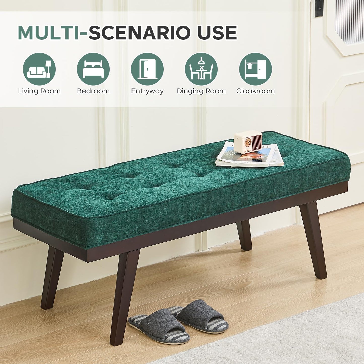 Entryway Bench, 47.2" End of Bed Bench, Chenille Benches for Bedroom Ottoman Bench with Padded Seat, Tufted Upholstered Indoor Bench with Rubber Wood Legs for Living Room, Mudroom, Hallway, Green