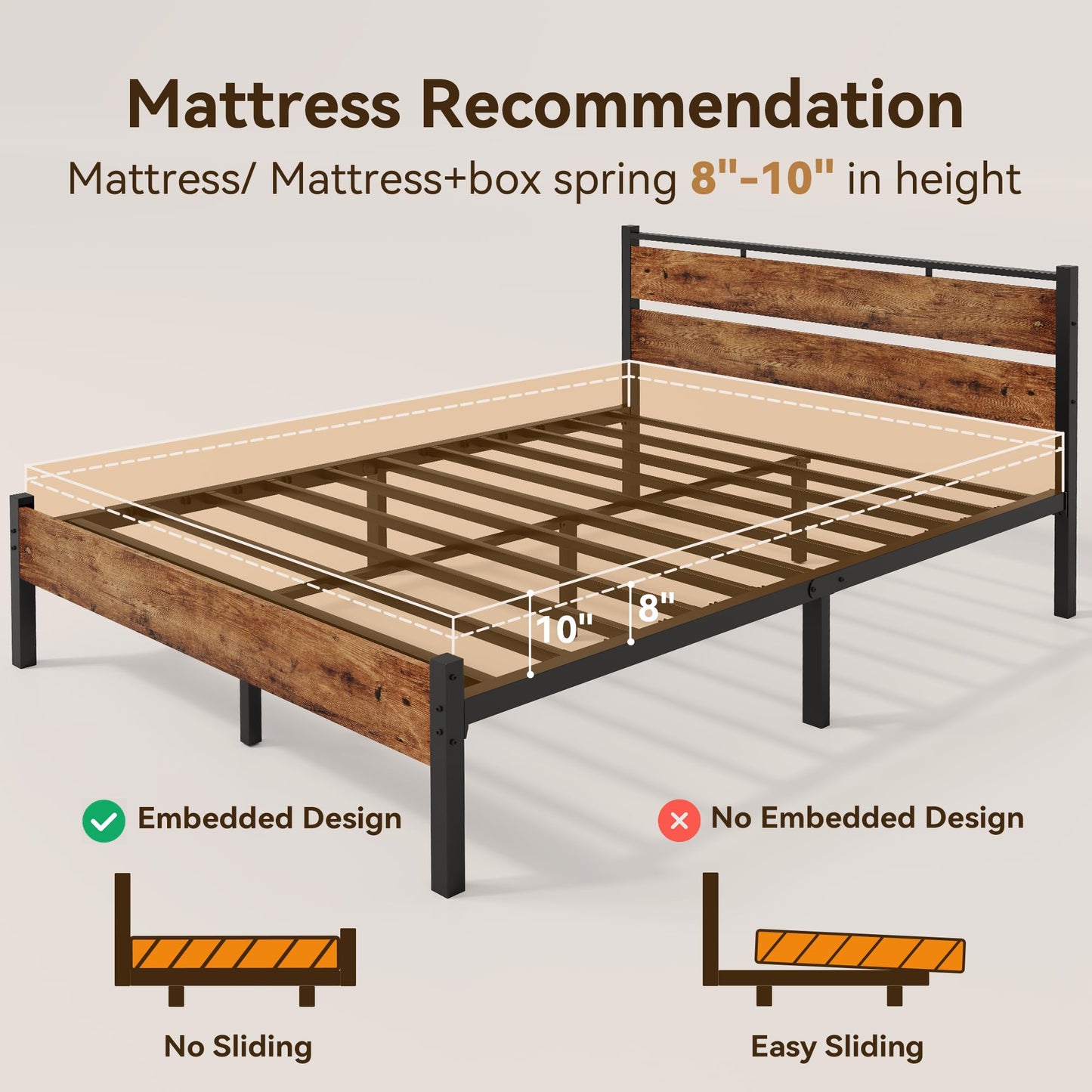 BedsPick 14 Inch Queen Bed Frame Sturdy Metal Bed Frame Queen Size with Wooden Headboard and Footboard, Noiseless/12.4" Under Bed Space/Durable Support//No Box Spring Needed/Anti-Slip, Brown
