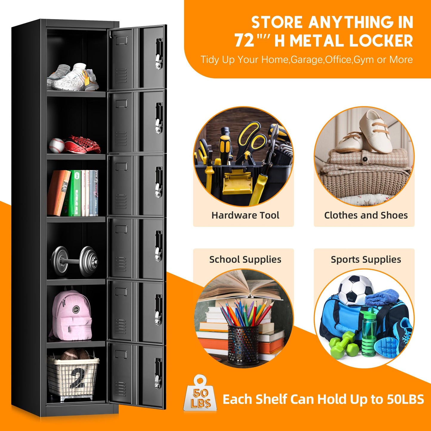 Bonusall Employees Lockers,Metal Office Storage Locker with 6 Door, Tall Steel Lockers with Keys and Lock for School, Gym, Home, Garage,Black