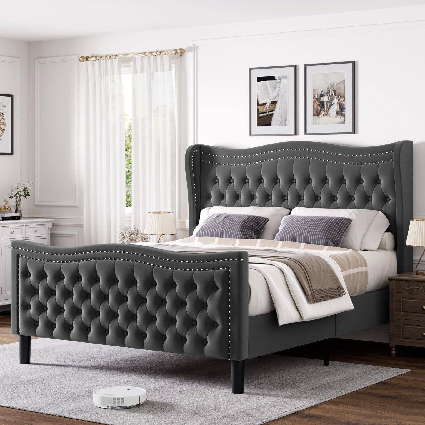 VINTLJUS Queen Bed Frame with Tall Headboard & Footboard, Velvet Upholstered Platform Bed Frame with Deep Button Tufted Wingback, No Box Spring Needed, Noise Free, Grey