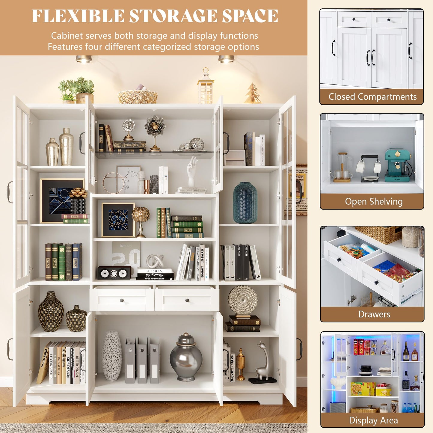 AMERLIFE 79" Tall Storage Cabinet with Glass Doors & LED Lights, Modern Large Display Cabinet with Drawer & Adjustable Shelves, Accent Furniture for Study/Living Room, Dining Room, Home Office, White
