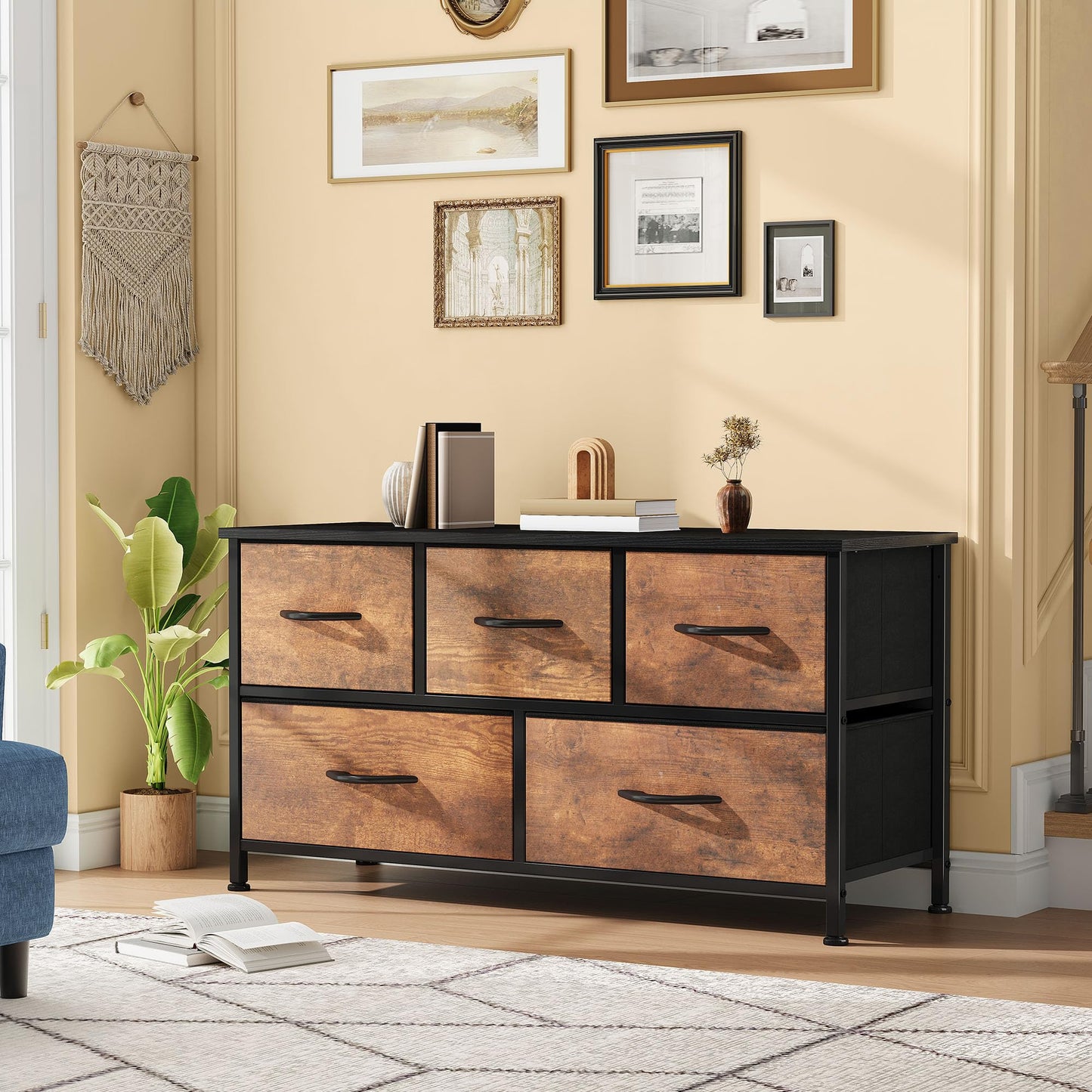 DWVO TV Stand, Fabric Tower with 5 Drawers, Dresser for Bedroom, Storage Tower, Chest of Drawers for Closet, Living Room, Hallway