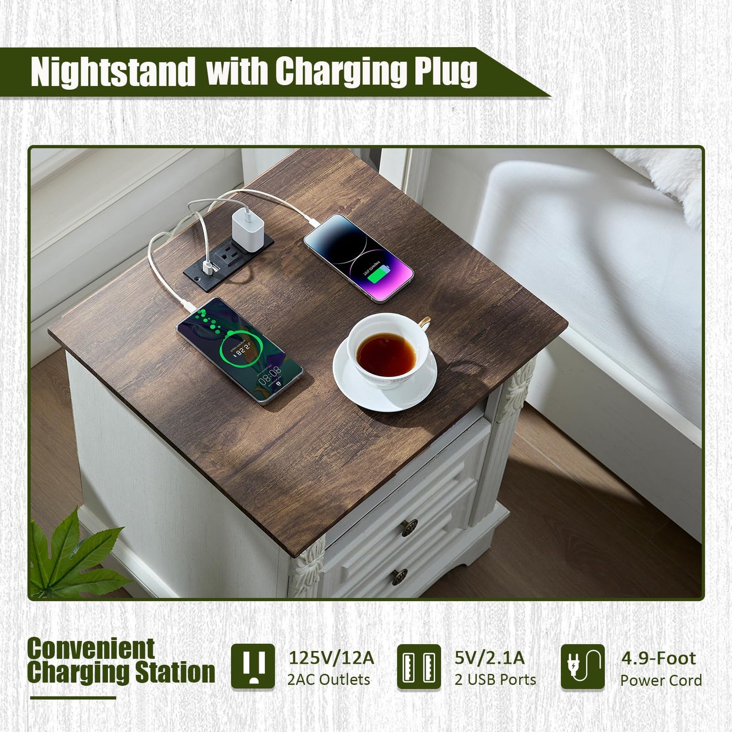 BLANKSPACE Nightstand with Charging Station, Farmhouse End Side Table, Smart LED Night Stand,Bedside Cabinet for Bedroom, Living Room (Antique White)