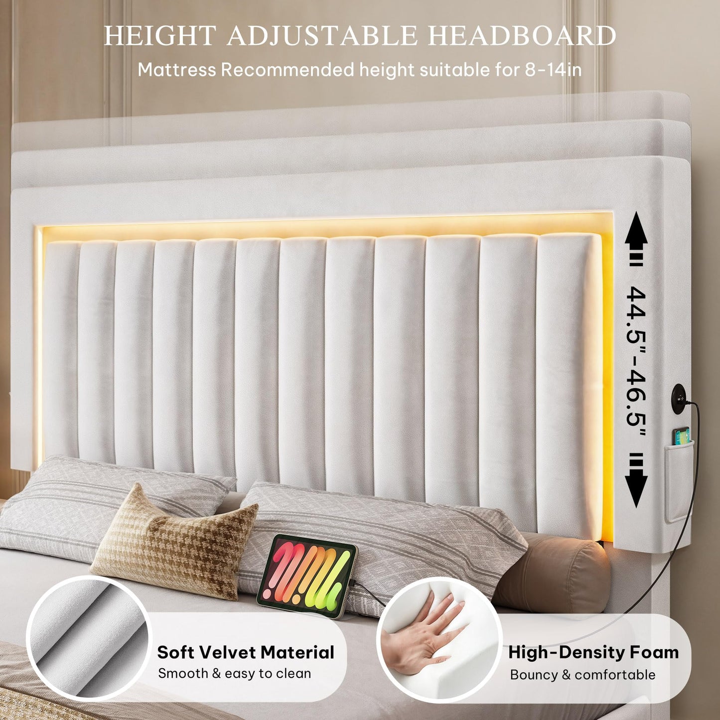 DWVO Queen Size Bed Frame with Adjustable Headboard, 4 Storage Drawers and RGB LED Lights, Velvet Upholstered Platform Bed with USB Ports, No Box Spring Needed, Fast Assembly, Noise-Free, White