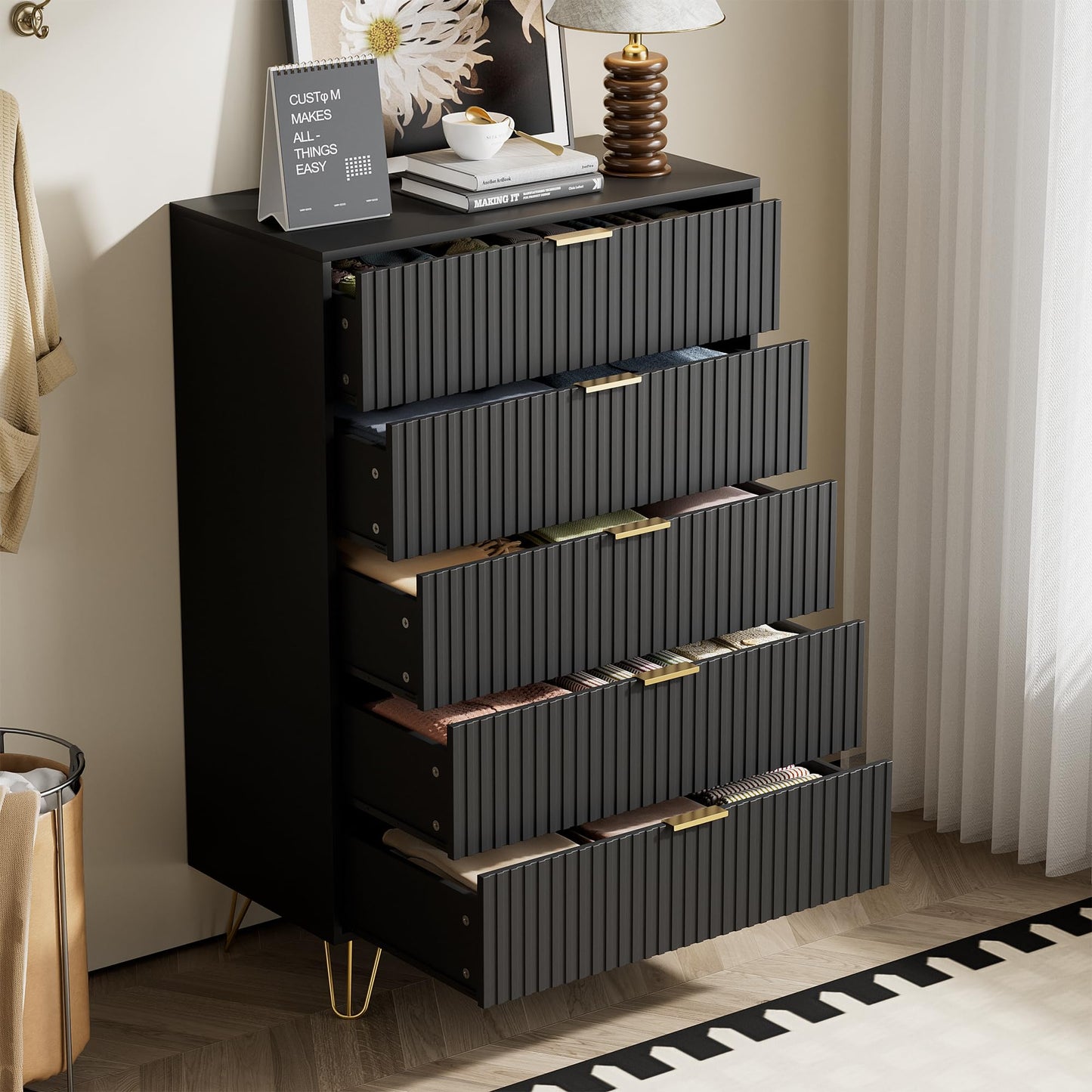 Furniway Black Dresser for Bedroom, Fluted Modern Dresser with Gold Pulls and 5 Drawers, 15.7" D x 31.5" W x 47.2" H