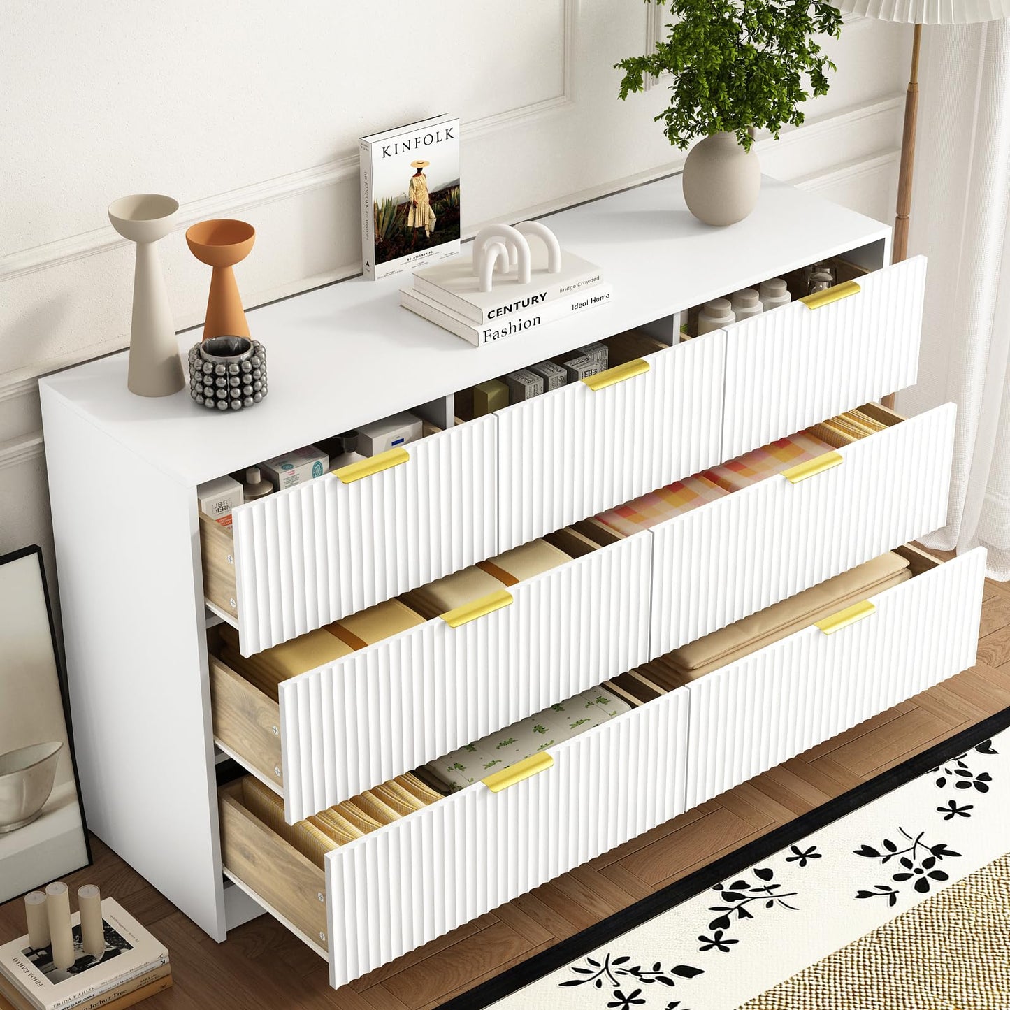 Sscaktu 7 Drawers Dresser for Bedroom,55" Wide Fluted Dresser with Deep Drawers, Modern Chest of Drawers, Wood TV Stand Storage Organizer for Closet, Living Room, Hallway, White