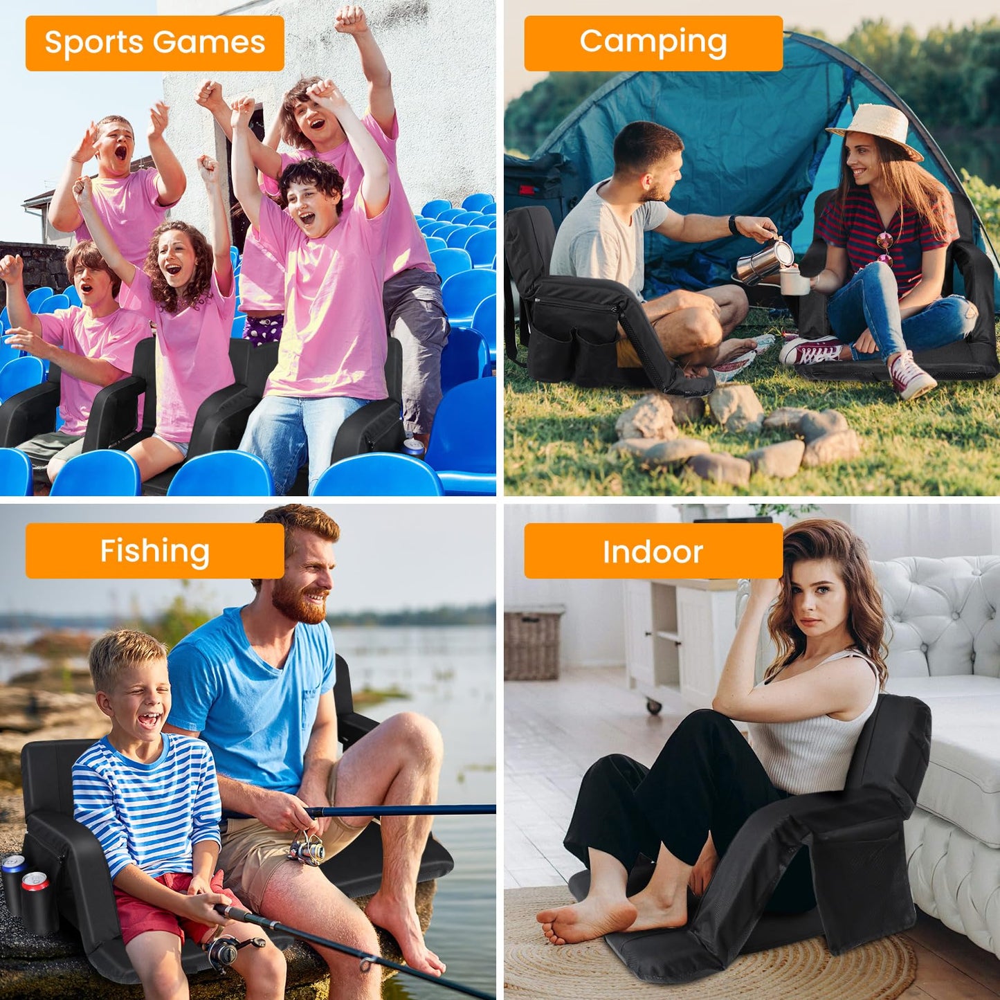 Stadium Seats with Back Support, 2 Pack Bleacher Chairs with Back and Cushion, Wide Bleacher Seat 6 Reclining Back, Folding Stadium Chairs with Armrests Hook Cupholder for Outdoor Sport Beach Concert