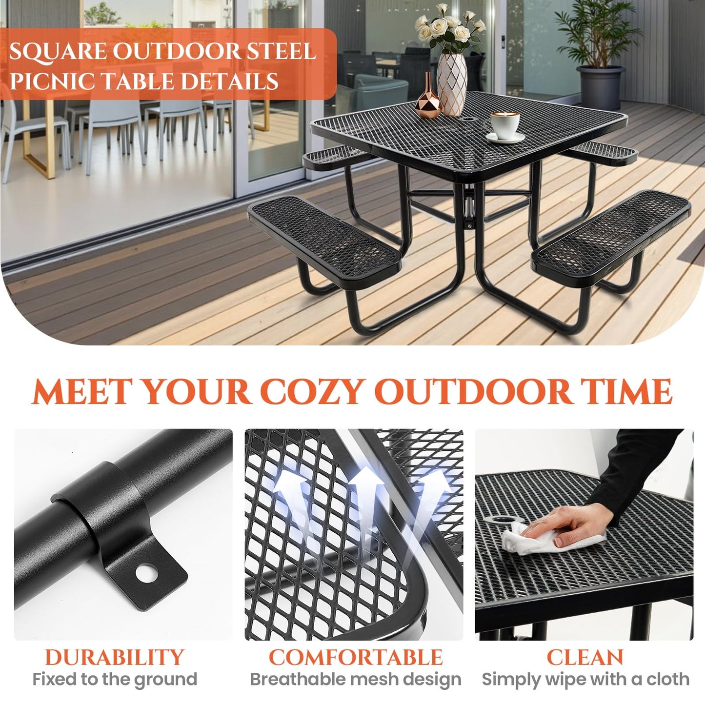Jinrrenyi 46IN Square Metal Picnic Table Set with Umbrella Hole and Benches for Outdoor, Expanded Heavy Duty Metal Commercial Grade Patio Dining Furniture for Yard Patio Lawn Party Coffee, Black