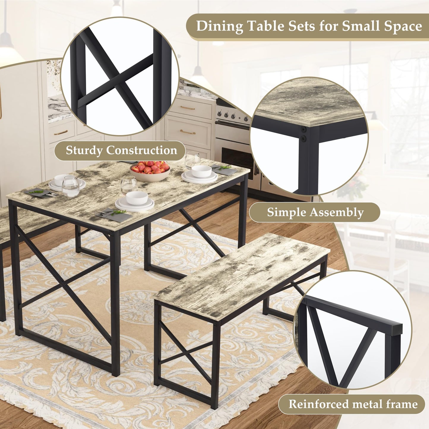 VECELO Kitchen Dining Table Set for 4, 43.3" Wood Rectangle Dinette with 2 Benches, Heavy-Duty Metal Frame for Small Space, Breakfast Nook, Grey