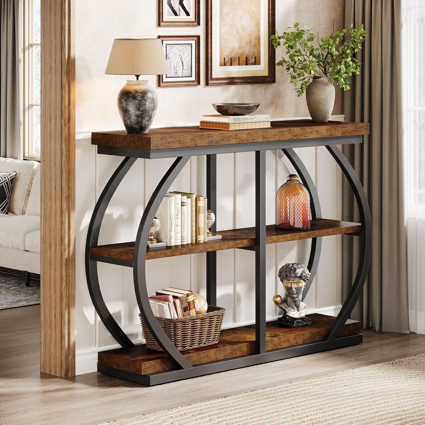 Tribesigns 41.3" Console Table, Industrial 3-Tier Entryway Table with Arched Metal Frame and Storage Shelves for Living Room, Hallway, Rustic Brown