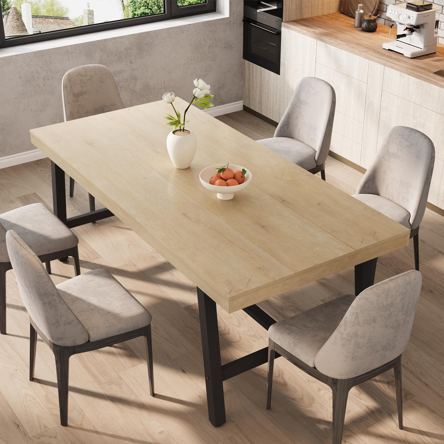 Industrial Dining Table for 6-8 People, 70.87" Long Wooden Kitchen Table with Sturdy Metal Frame & Rustic Brown Finish (Nature Wood, 70.87" Long)