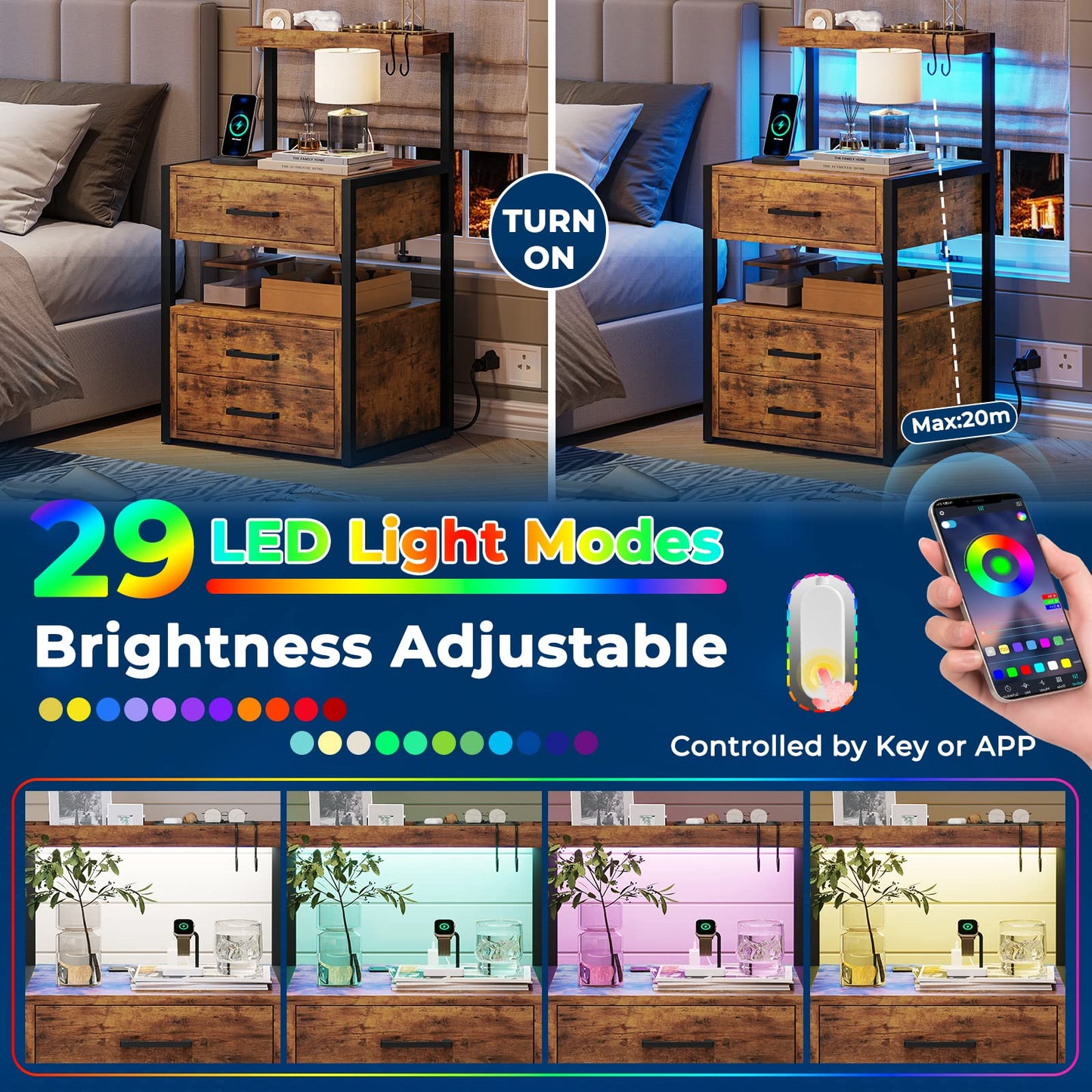 AOGLLATI Nightstand Set of 2 with Charging Station and LED Lights, Bedside Table with 3 Drawers and Open Storage Shelves, 2 USB Ports and 2 AC Outlets, LED Night Stand for Bedroom, Rustic Brown
