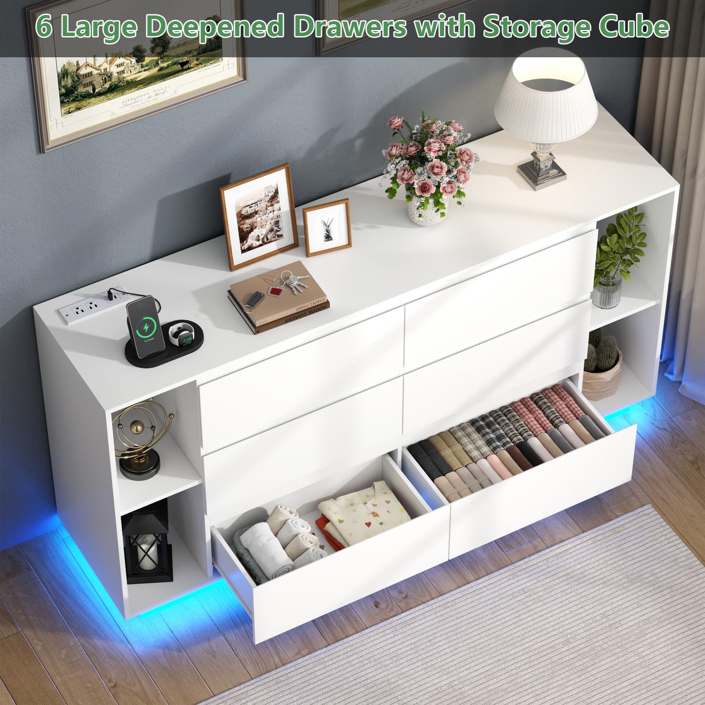 Gyfimioe 6 Drawer Dresser with Power Outlet, Floating White Dresser Chest of Drawer with LED Light,Modern Double Wide Drawer Organizer Cabinet for Bedroom,Living Room (6 Drawer-White)