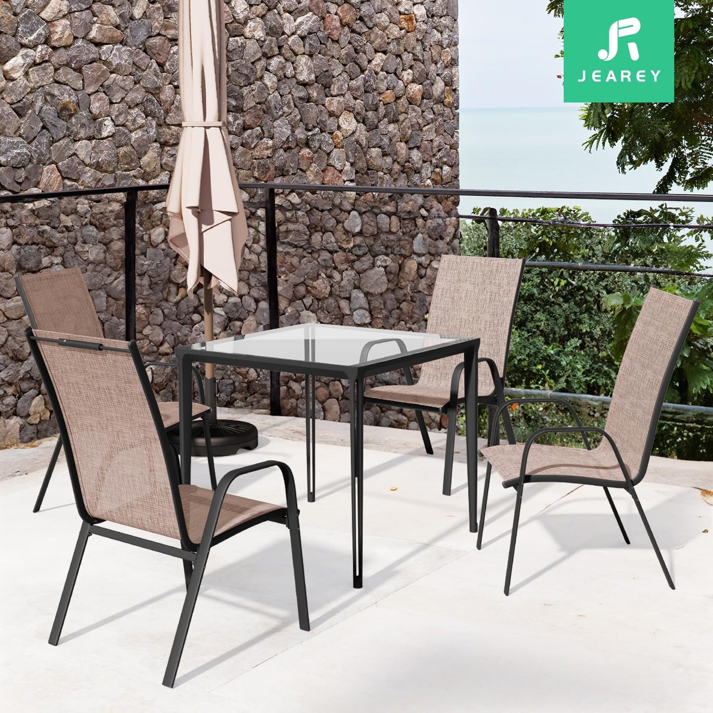 JEAREY Patio Dining Chairs Set of 4, Outdoor Stackable Dining Furniture Set, All Weather Dining Set for Lawn, Garden, Backyard, Poolside, Brown