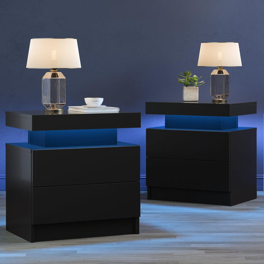 Cubehom LED Black Nightstands Set of 2 Bedroom Night Stands LED Bedside Table with 2 Drawer Modern Nightstands for Bedroom