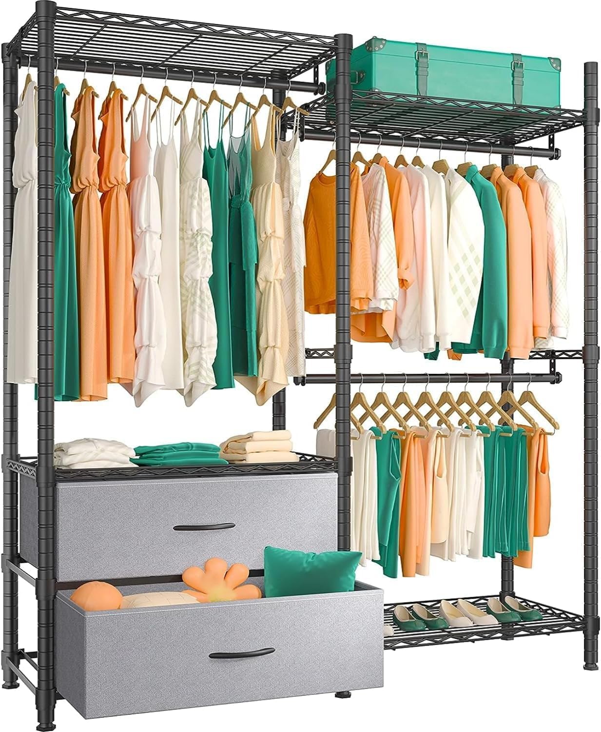 REIBII Heavy Duty Clothes Rack, Adjustable Clothing Racks for Hanging Clothes, Portable Closet with 2 Drawers 3 Hanging Rods Load 650lbs, Black, 15.9" D x 46.5" W x 70.9" H