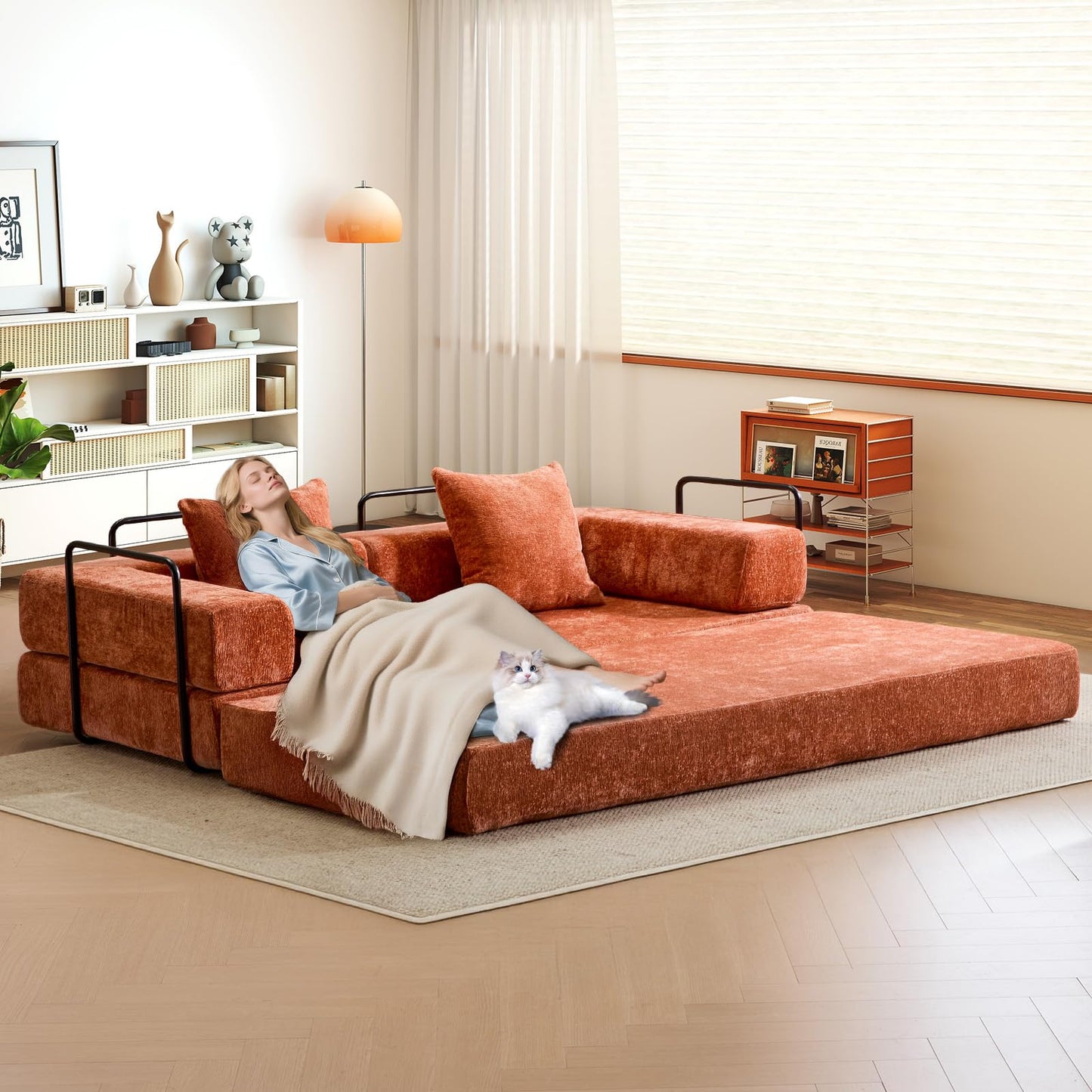 Convertible Folding Sleeper Sofa Bed, Boneless Couch with Fixed-Shape Frame, Compression Foam Sofa, Futon Foldable Mattress, Pull Out Couch Bed for Living Room Bedroom Lounge(Chenille, Orange)