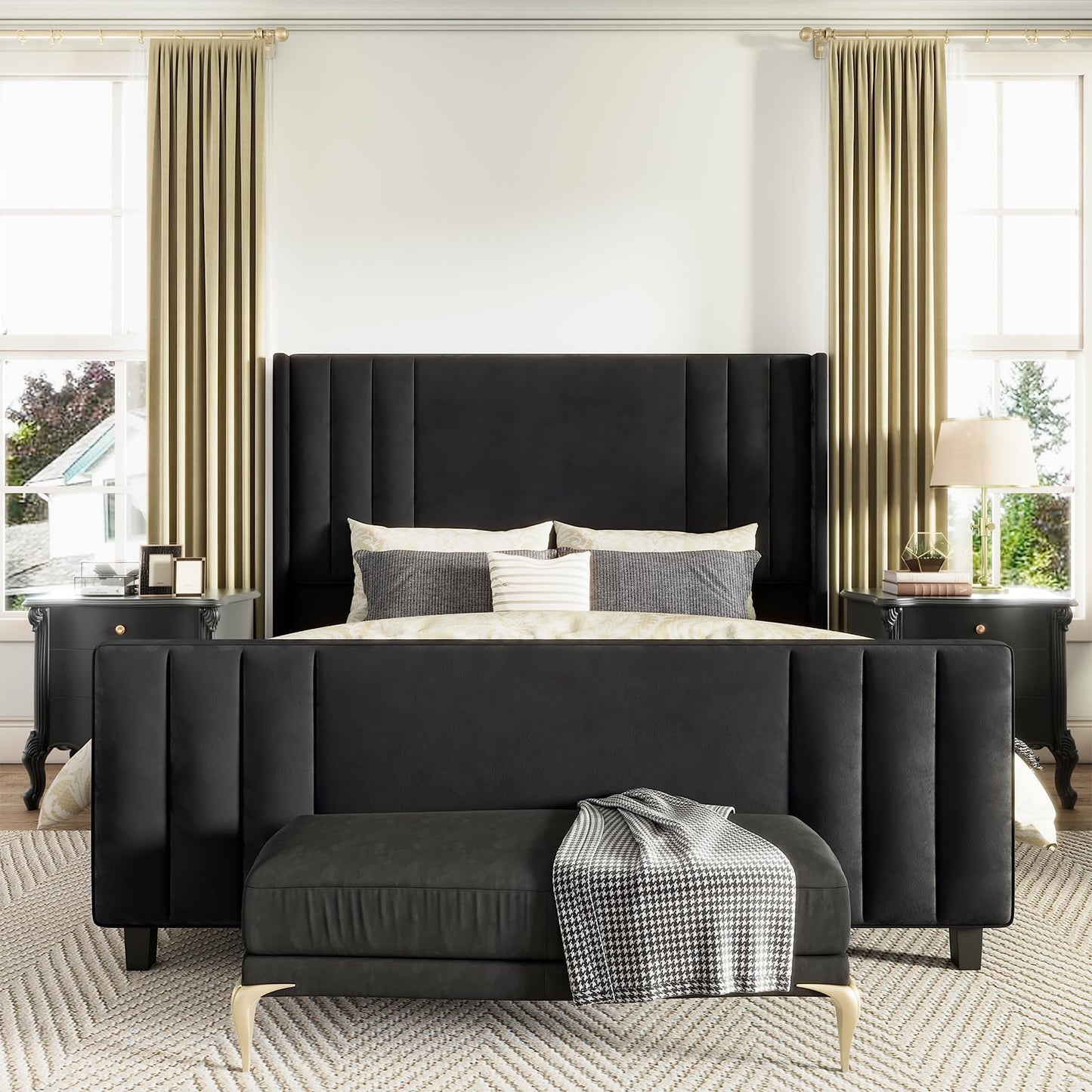 AMERLIFE Queen Size Bed Frame, Velvet Upholstered Platform Bed with Vertical Channel Tufted Headboard & Footboard/Wingback, Mattress Foundation with Wood Slats, No Box Spring Needed, Black