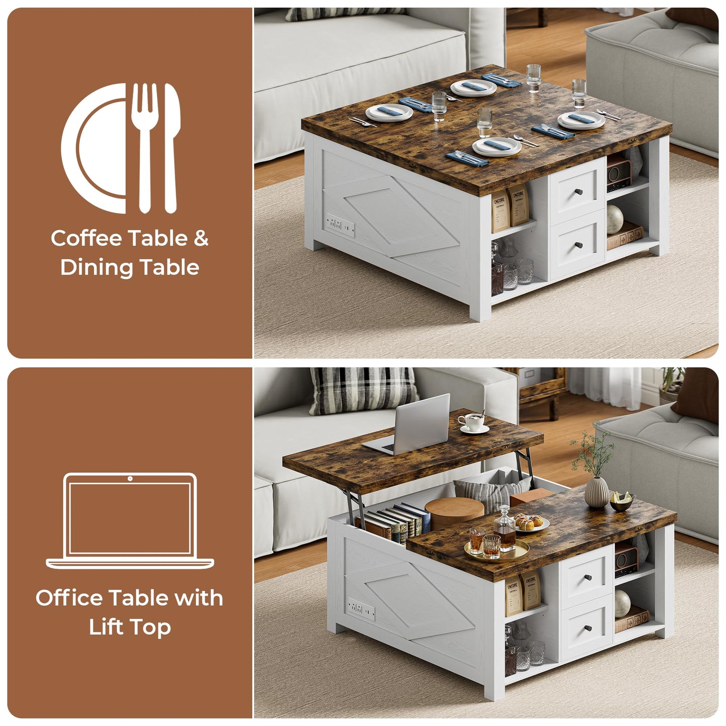 IRONCK Lift Top Coffee Table with Storage, Square Coffee Tables for Living Room with Charging Station and Drawers, Farmhouse Coffee Table with Large Storage Space, White